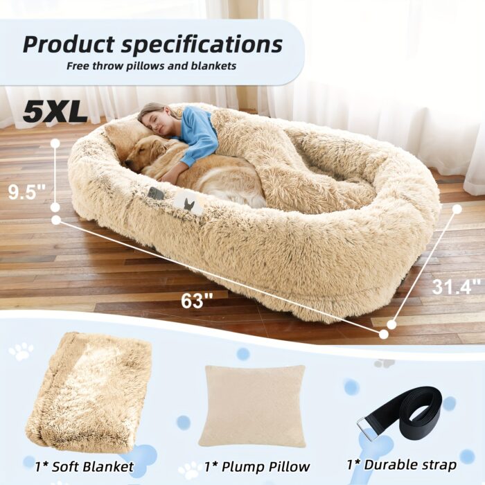 Orthopedic Faux Fur Dog Bed – 71"x45" Oval Washable Pet Sofa with Pillow & Blanket (Grey) - Image 16