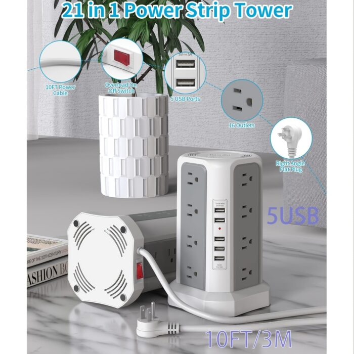 Power Strip Tower with USB C – 16 AC Outlets, 5 USB Ports, Flat Plug Surge Protector - Image 9