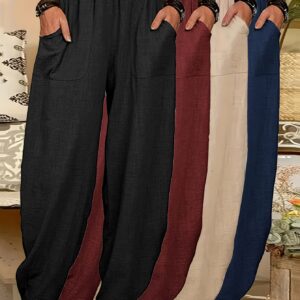 4pcs Women's Lightweight Harem Pants – Elastic Waist, Loose Fit with Pockets (Multi-Color)