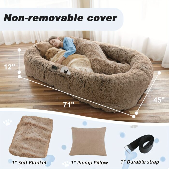Orthopedic Faux Fur Dog Bed – 71"x45" Oval Washable Pet Sofa with Pillow & Blanket (Grey) - Image 5