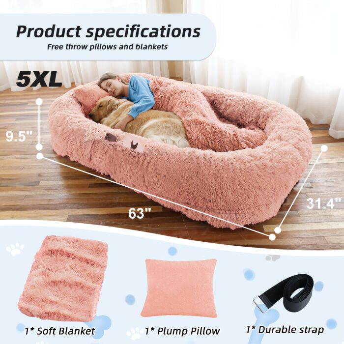 Orthopedic Faux Fur Dog Bed – 71"x45" Oval Washable Pet Sofa with Pillow & Blanket (Grey) - Image 15