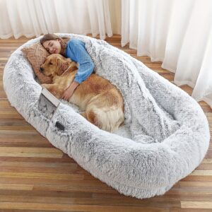 Orthopedic Faux Fur Dog Bed – 71"x45" Oval Washable Pet Sofa with Pillow & Blanket (Grey)