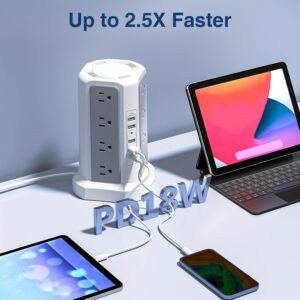 Power Strip Tower with USB C – 16 AC Outlets, 5 USB Ports, Flat Plug Surge Protector