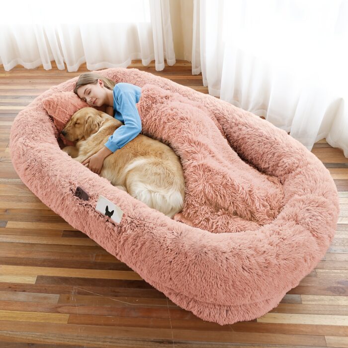 Orthopedic Faux Fur Dog Bed – 71"x45" Oval Washable Pet Sofa with Pillow & Blanket (Grey) - Image 13