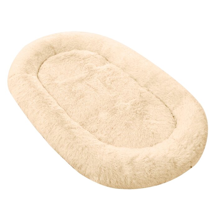 Orthopedic Faux Fur Dog Bed – 71"x45" Oval Washable Pet Sofa with Pillow & Blanket (Grey) - Image 21