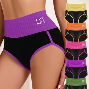 5pcs High Waist Tummy Control Underwear – Contrast Color Bikini Briefs for Women