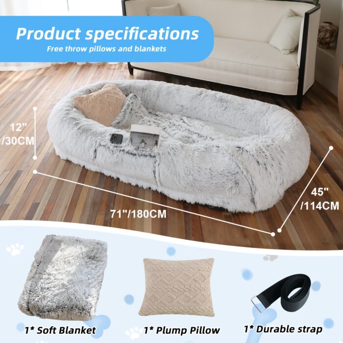 Orthopedic Faux Fur Dog Bed – 71"x45" Oval Washable Pet Sofa with Pillow & Blanket (Grey) - Image 2