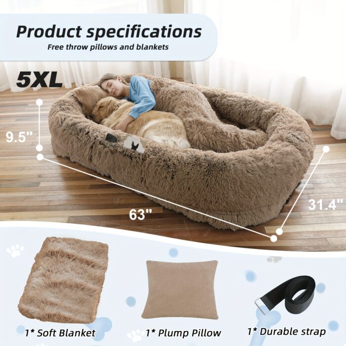 Orthopedic Faux Fur Dog Bed – 71"x45" Oval Washable Pet Sofa with Pillow & Blanket (Grey) - Image 18