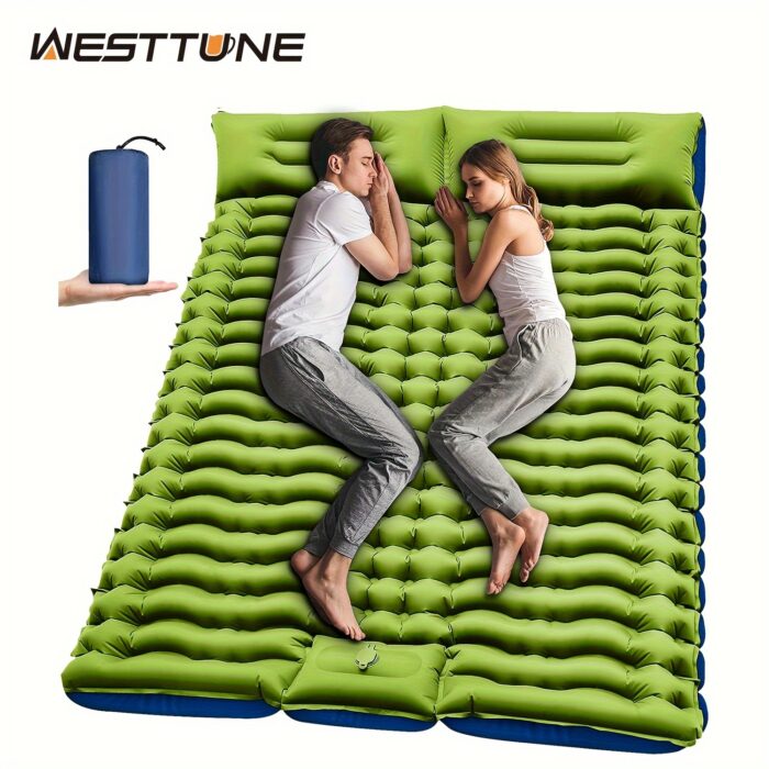 4" Thick Double Sleeping Pad – Self-Inflating Camping Mat with Pillow & Foot Pump