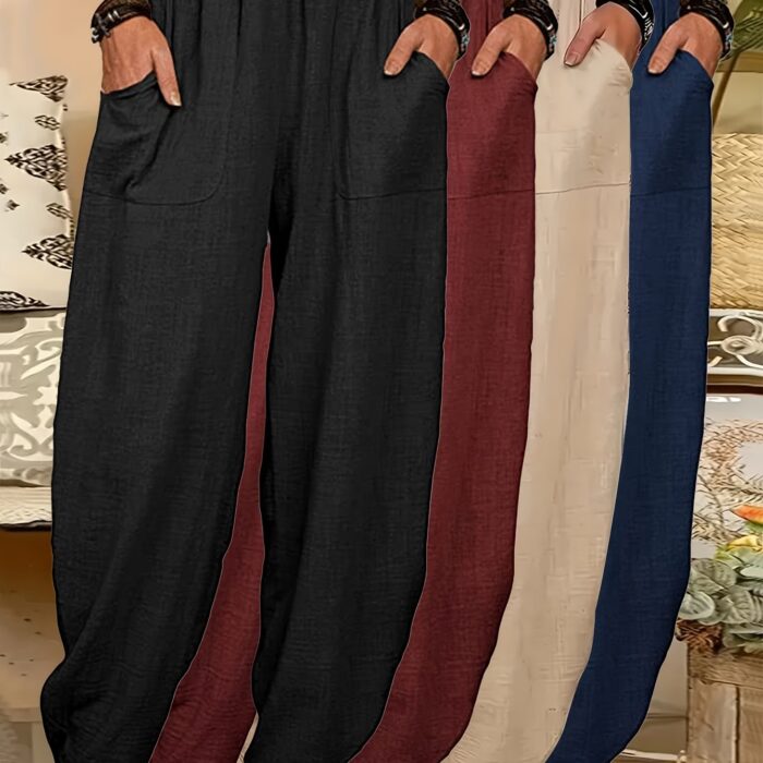 4pcs Women's Lightweight Harem Pants – Elastic Waist, Loose Fit with Pockets (Multi-Color) - Image 11