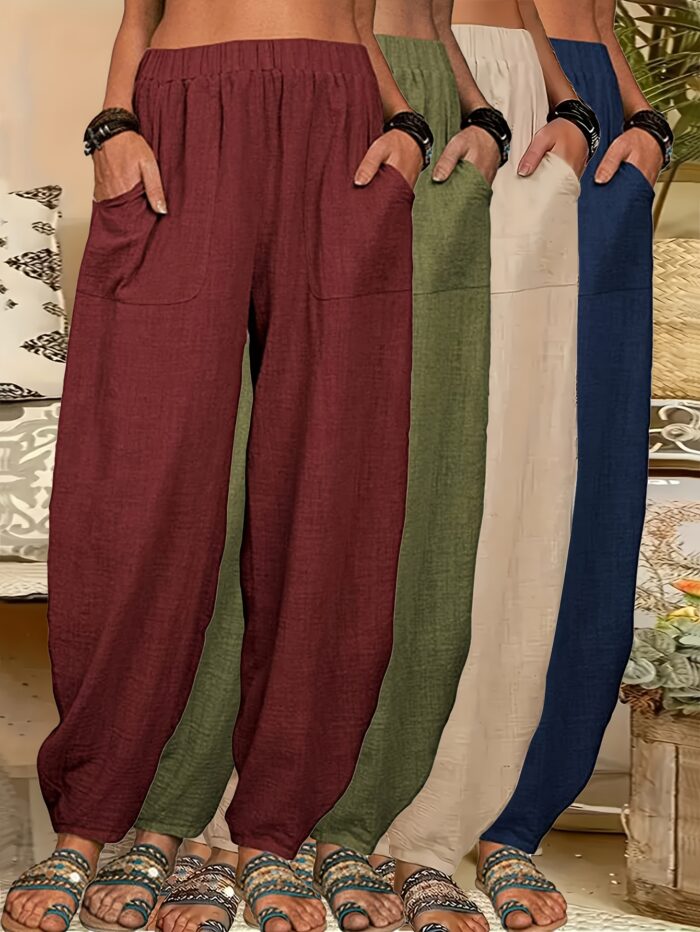 4pcs Women's Lightweight Harem Pants – Elastic Waist, Loose Fit with Pockets (Multi-Color) - Image 3
