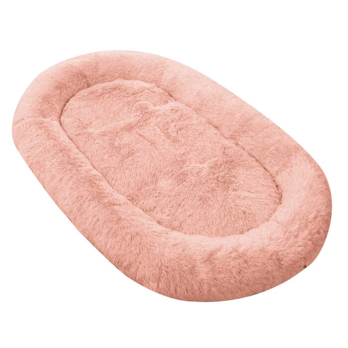Orthopedic Faux Fur Dog Bed – 71"x45" Oval Washable Pet Sofa with Pillow & Blanket (Grey) - Image 20