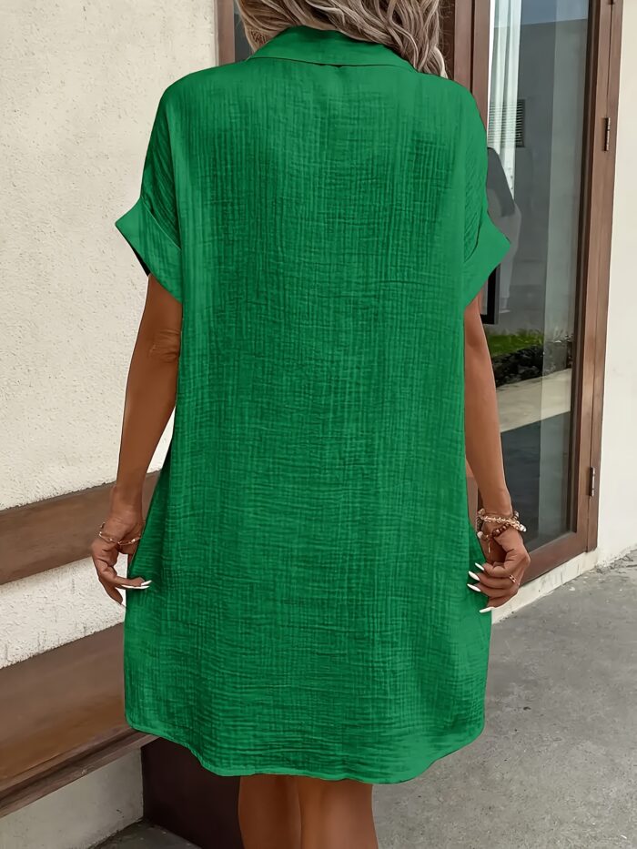 Women’s V-Neck Blouse Dress – 100% Cotton, Short Sleeve, Button Detail (Light Blue) - Image 9