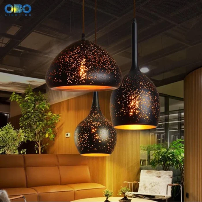 Vintage Black Iron Pendant Lamp – Etched Lampshade for Bar, Teahouse & Restaurant Lighting - Image 4