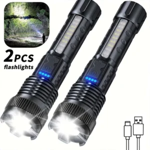 2pcs Rechargeable Zoomable Flashlights – Super Bright LED for Camping & Emergency Use