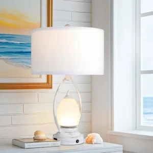 23" Coastal Table Lamps – Dual Light with Rotary Switch, Weathered White Metal & Frosted Glass