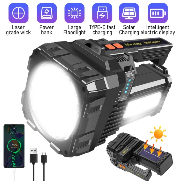 Solar Energy High Power LED Flashlight – Type-C Rechargeable Waterproof for Camping & Hiking - Image 3