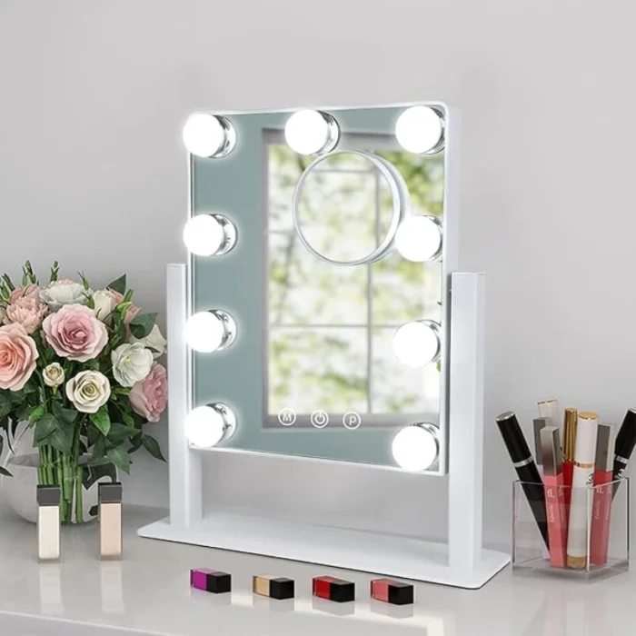 Lighted Makeup Mirror – 9 LED Bulbs, 10x Magnifying Mirror, 360° Rotation & 3 Light Modes