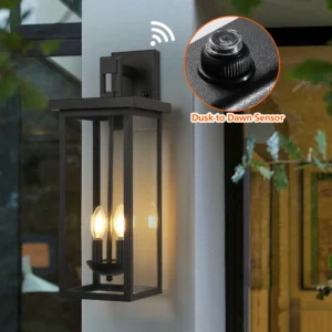 22" Outdoor Wall Lantern – Matte Black with Dusk to Dawn Sensor & Clear Glass, Weatherproof