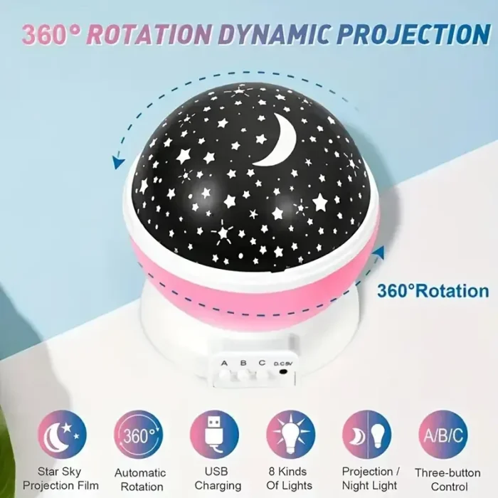 USB Starry Night Light Projector – 360° Rotating with Moon, Stars & 9 Color Modes - Image 6
