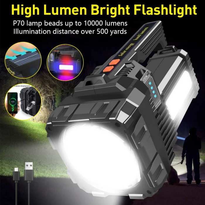 Solar Energy High Power LED Flashlight – Type-C Rechargeable Waterproof for Camping & Hiking - Image 2