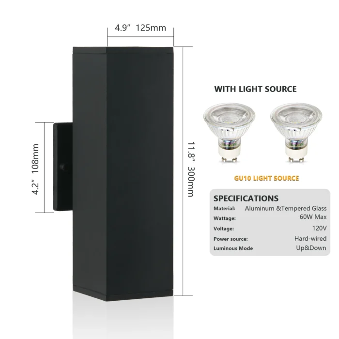 2-Pack Outdoor Wall Lights – IP65 Waterproof Up & Down GU10 Sconce, Black Aluminum - Image 2
