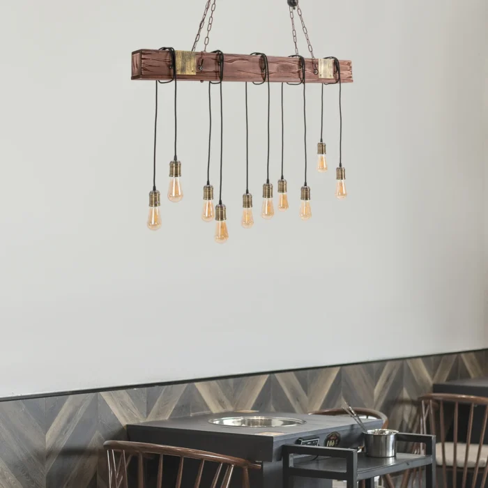 10-Light Industrial Rustic Wood Pendant Chandelier – Vintage Farmhouse Ceiling Fixture with Adjustable Chain - Image 3