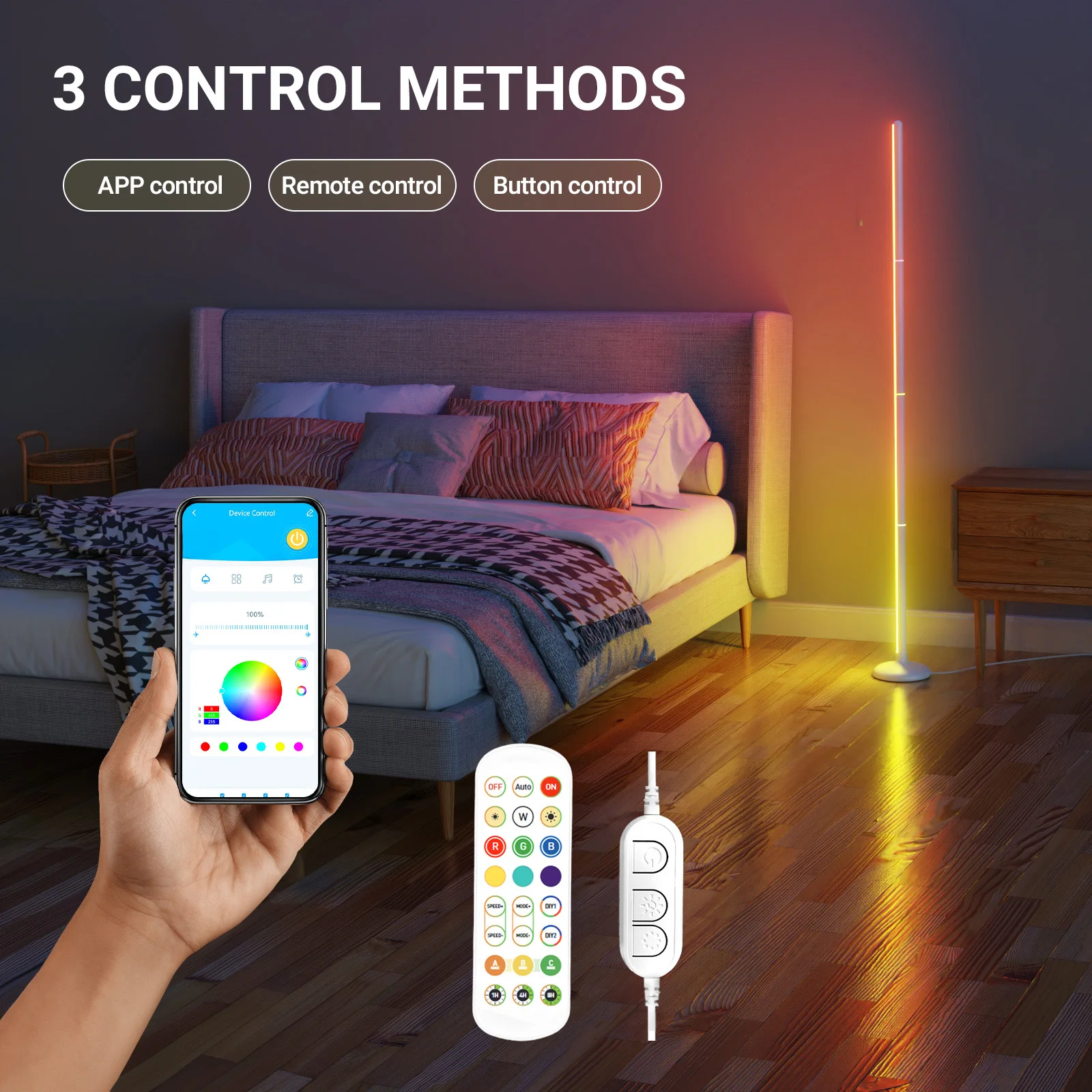 1 Pack Elegant White Corner Floor Lamp – RGB Color Changing with App & Remote Control - Image 3