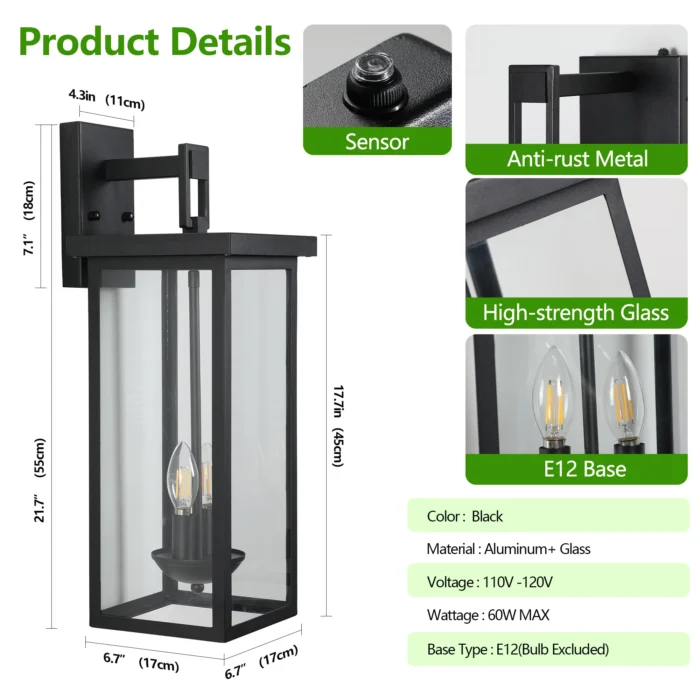 22" Outdoor Wall Lantern – Matte Black with Dusk to Dawn Sensor & Clear Glass, Weatherproof - Image 3