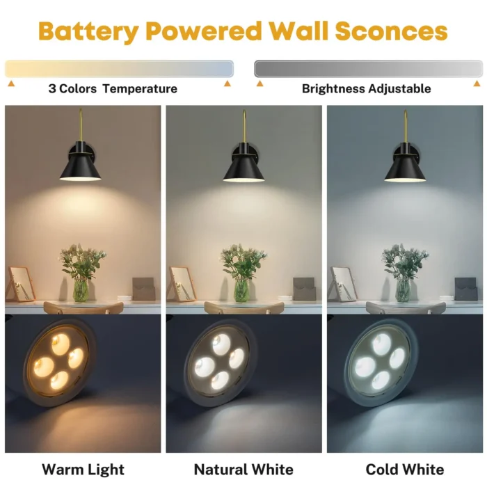 Set of 2 Black Rechargeable Wall Sconces – Wireless Battery Operated, No Hardwiring Needed - Image 3