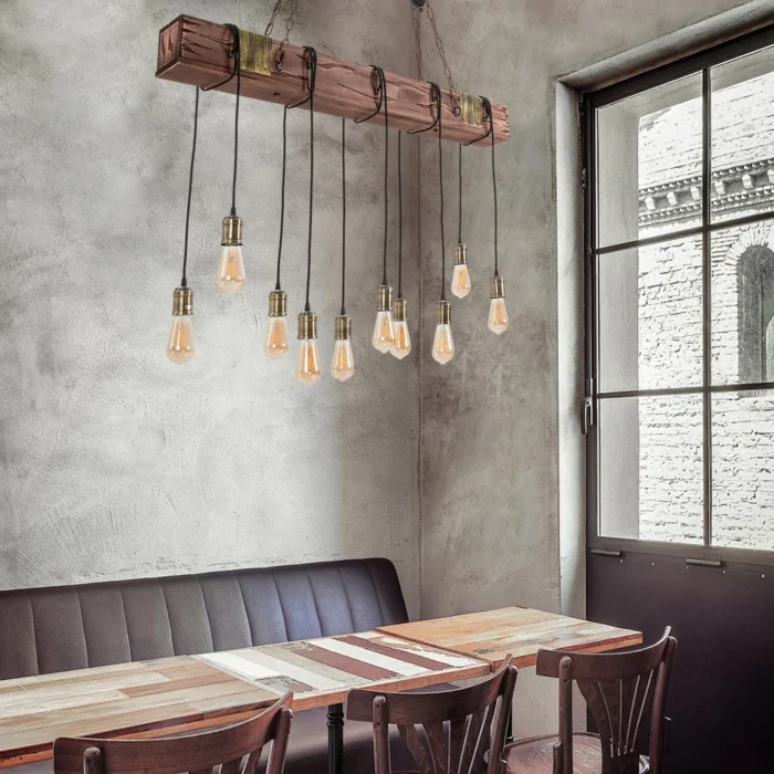 10-Light Industrial Rustic Wood Pendant Chandelier – Vintage Farmhouse Ceiling Fixture with Adjustable Chain - Image 4