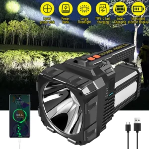 Solar Energy High Power LED Flashlight – Type-C Rechargeable Waterproof for Camping & Hiking