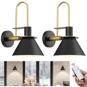 Set of 2 Black Rechargeable Wall Sconces – Wireless Battery Operated, No Hardwiring Needed