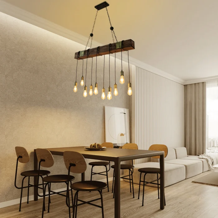 10-Light Industrial Rustic Wood Pendant Chandelier – Vintage Farmhouse Ceiling Fixture with Adjustable Chain - Image 2
