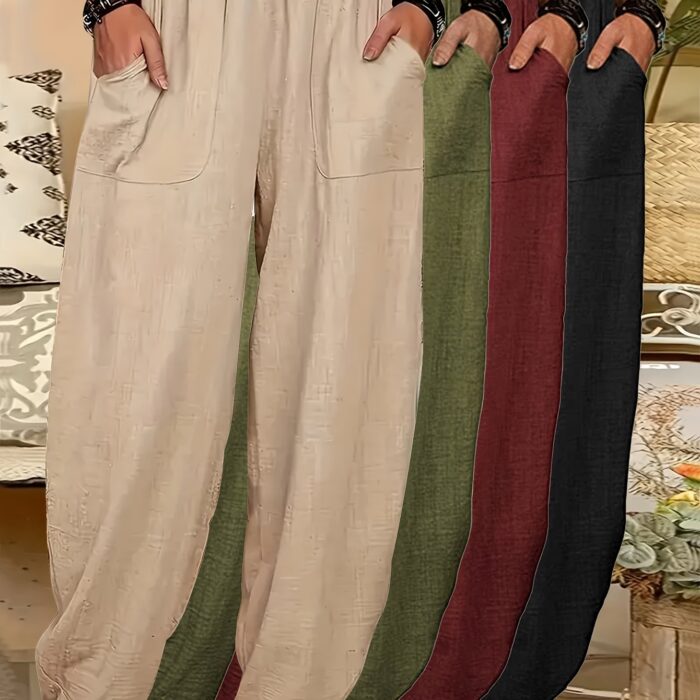 4pcs Women's Lightweight Harem Pants – Elastic Waist, Loose Fit with Pockets (Multi-Color) - Image 13