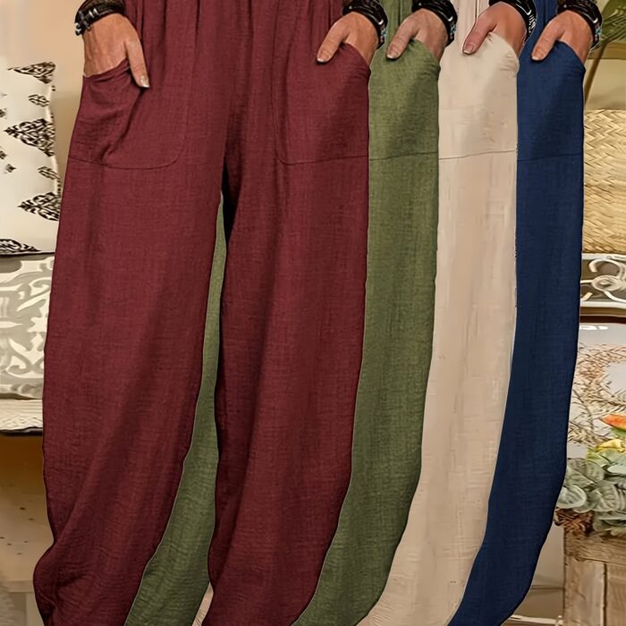 4pcs Women's Lightweight Harem Pants – Elastic Waist, Loose Fit with Pockets (Multi-Color) - Image 12