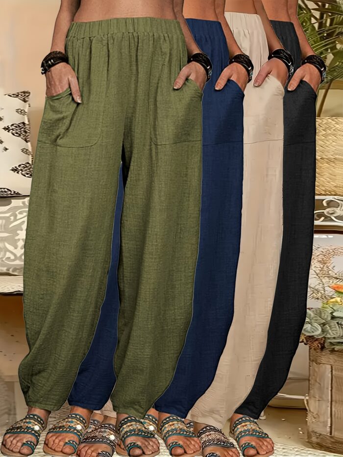 4pcs Women's Lightweight Harem Pants – Elastic Waist, Loose Fit with Pockets (Multi-Color) - Image 5