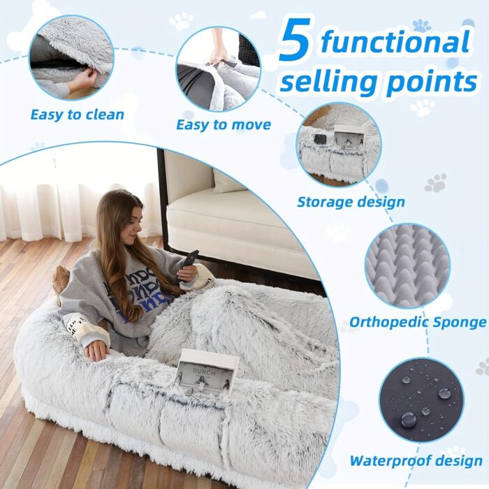 Orthopedic Faux Fur Dog Bed – 71"x45" Oval Washable Pet Sofa with Pillow & Blanket (Grey) - Image 6