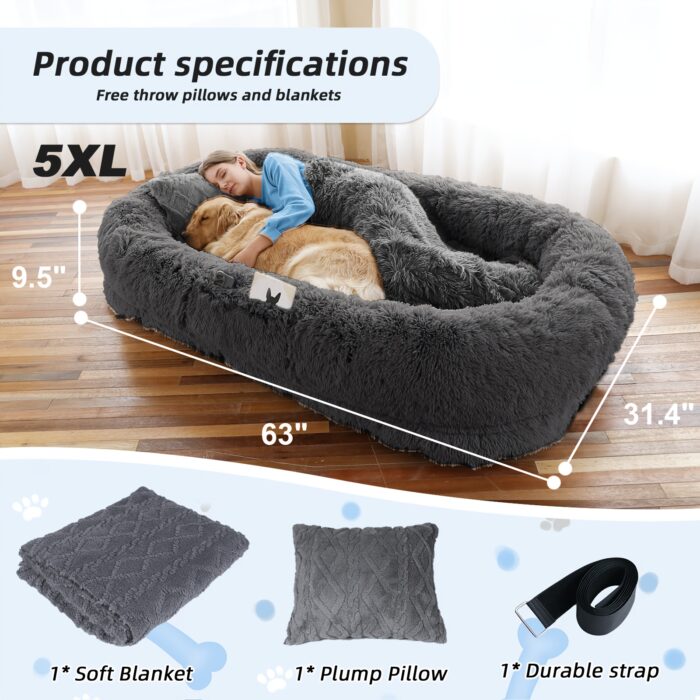 Orthopedic Faux Fur Dog Bed – 71"x45" Oval Washable Pet Sofa with Pillow & Blanket (Grey) - Image 17