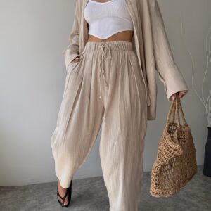 2-Piece Women's Fashion Suit – Lapel Long-Sleeve Shirt & High-Waisted Pants