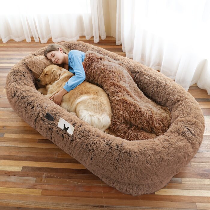 Orthopedic Faux Fur Dog Bed – 71"x45" Oval Washable Pet Sofa with Pillow & Blanket (Grey) - Image 12