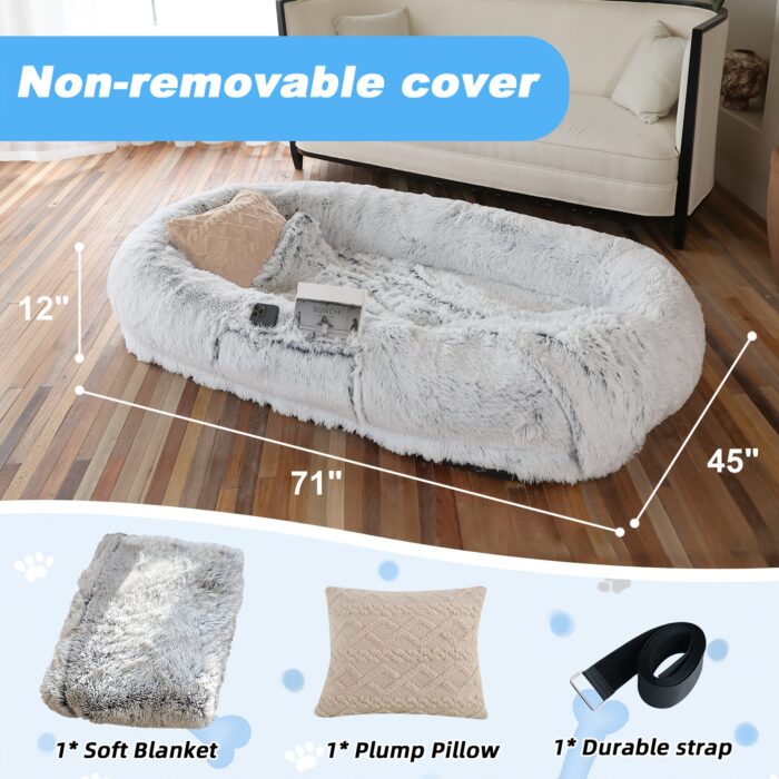 Orthopedic Faux Fur Dog Bed – 71"x45" Oval Washable Pet Sofa with Pillow & Blanket (Grey) - Image 19