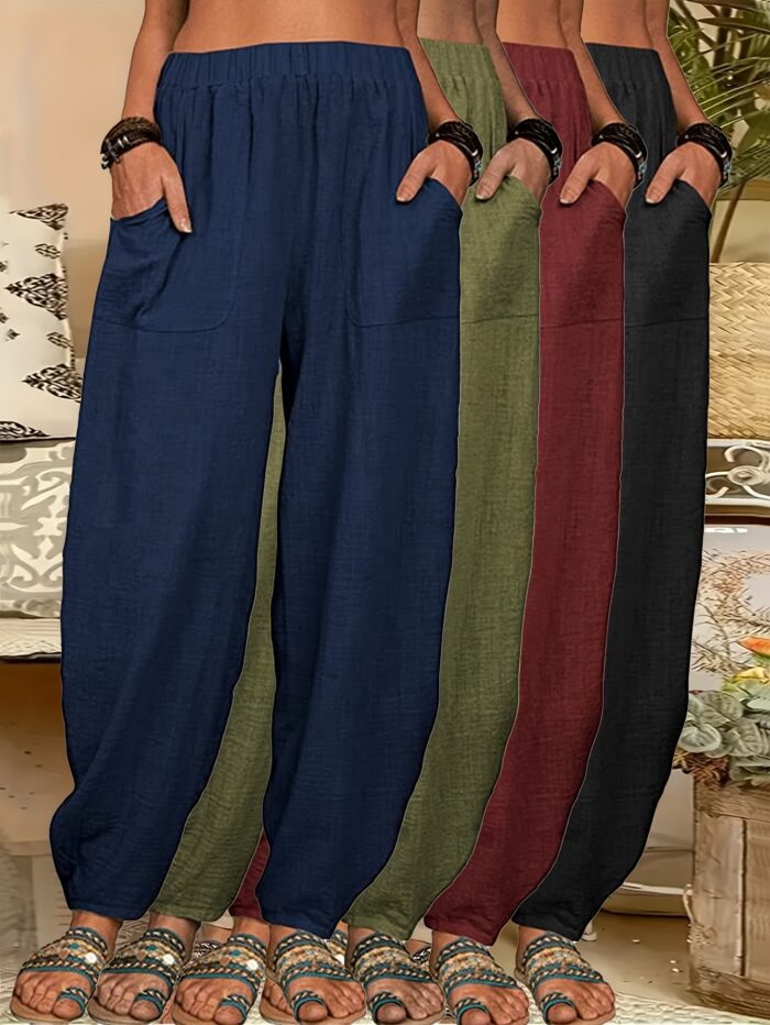 4pcs Women's Lightweight Harem Pants – Elastic Waist, Loose Fit with Pockets (Multi-Color) - Image 2