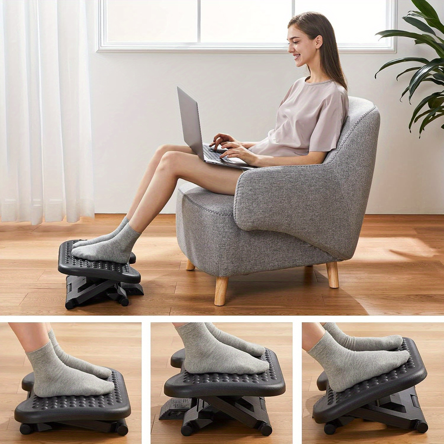 Adjustable Under-Desk Footrest – 3 Height Positions, Tilt & Massage Rollers, Black