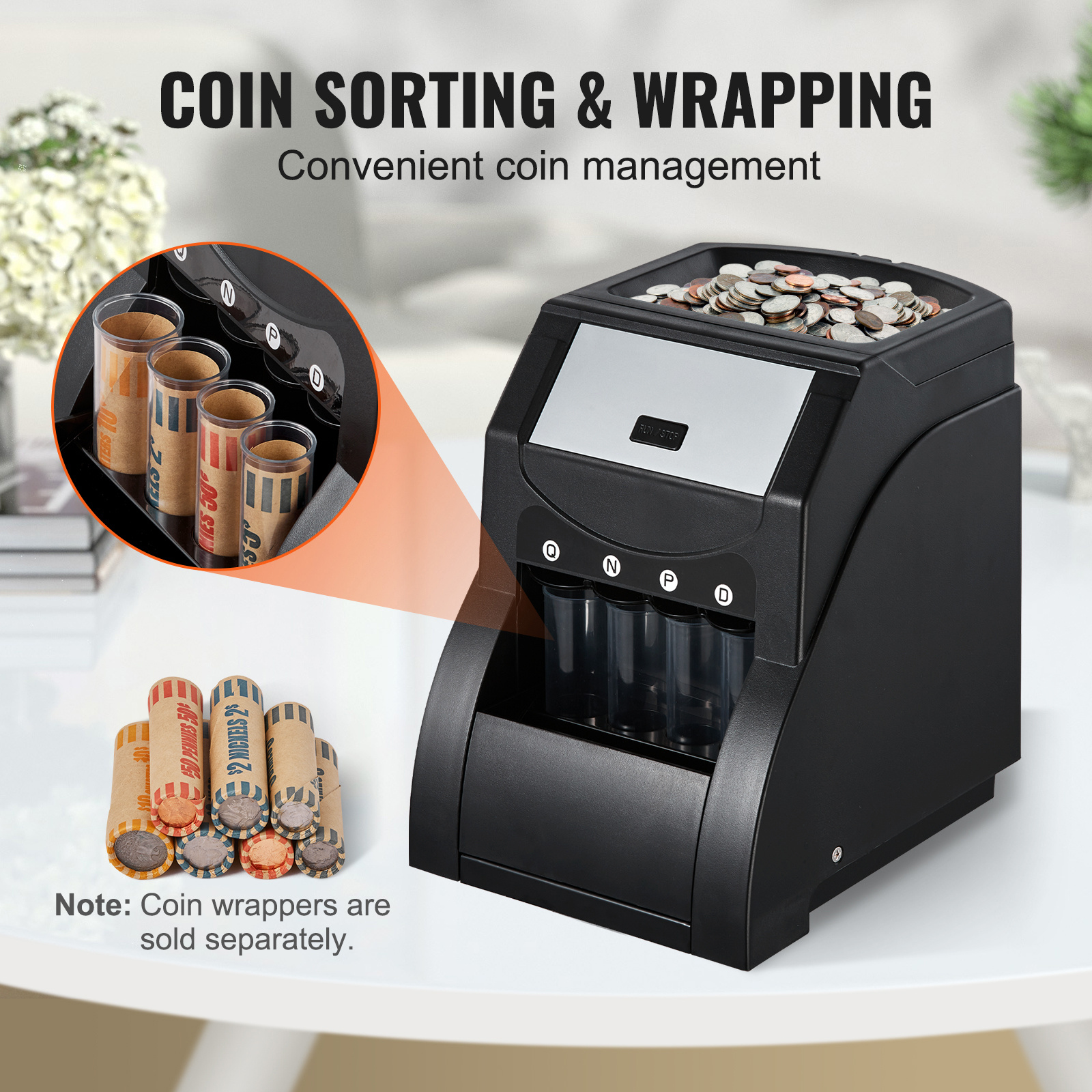 VEVOR USD Coin Sorter Machine with Wrapper, Sorts 230 Coins/Min, Holds 200 Coins, Black