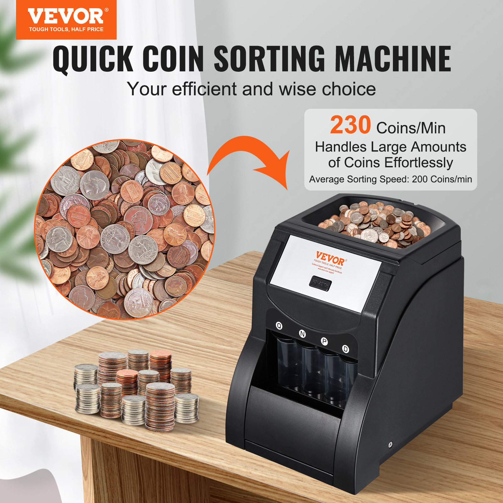 USD Coin Sorter Machine – Sorts 230 Coins/Min, 4 Tubes, 200‑Coin Capacity