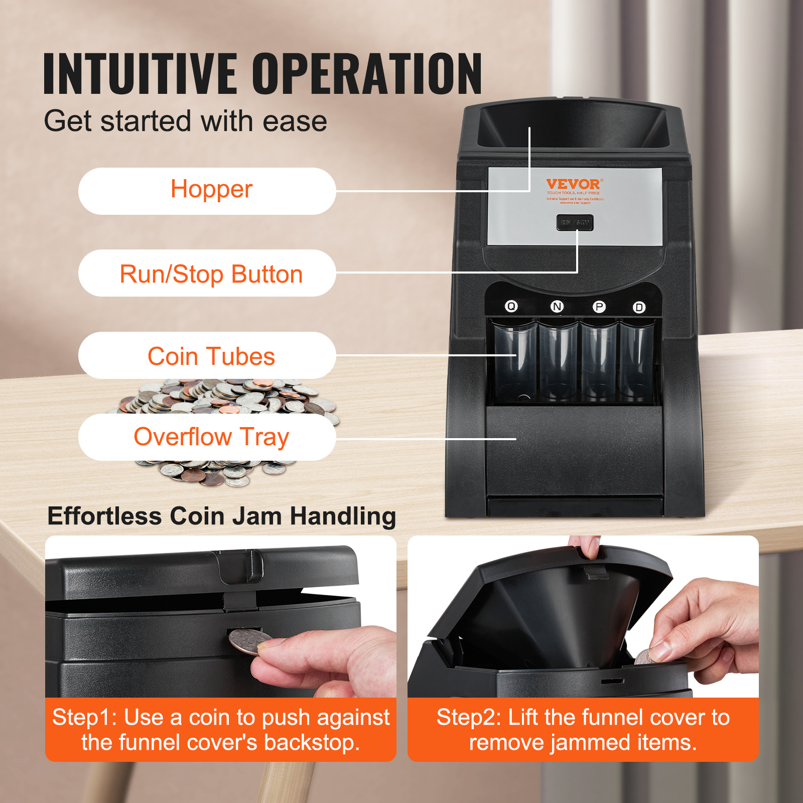 USD Coin Sorter Machine – Sorts 230 Coins/Min, 4 Tubes, 200‑Coin Capacity - Image 3