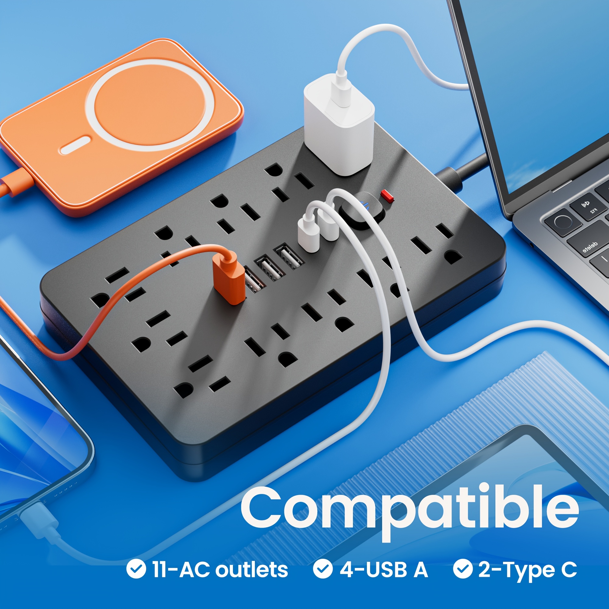 Surge Protector Power Strip with USB Ports & 6‑Outlet Extension Cord - Image 6