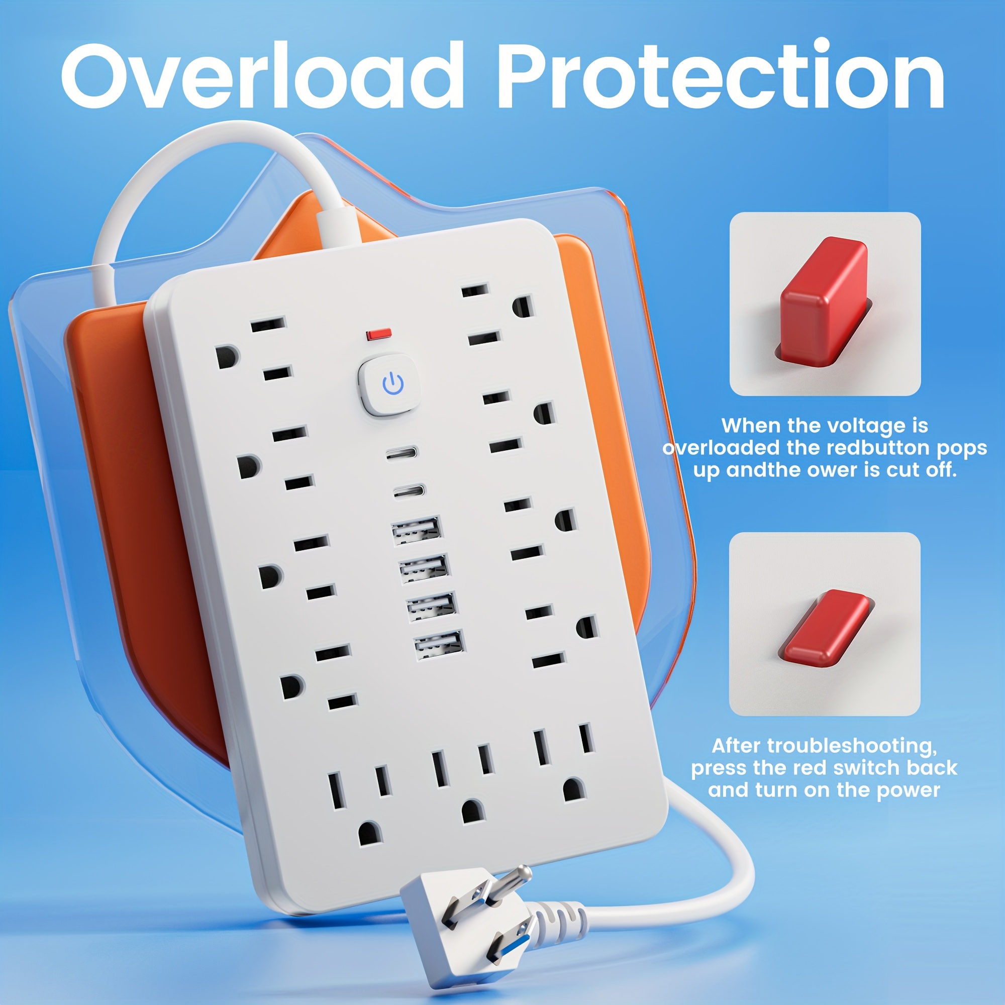 Surge Protector Power Strip with USB Ports & 6‑Outlet Extension Cord - Image 11