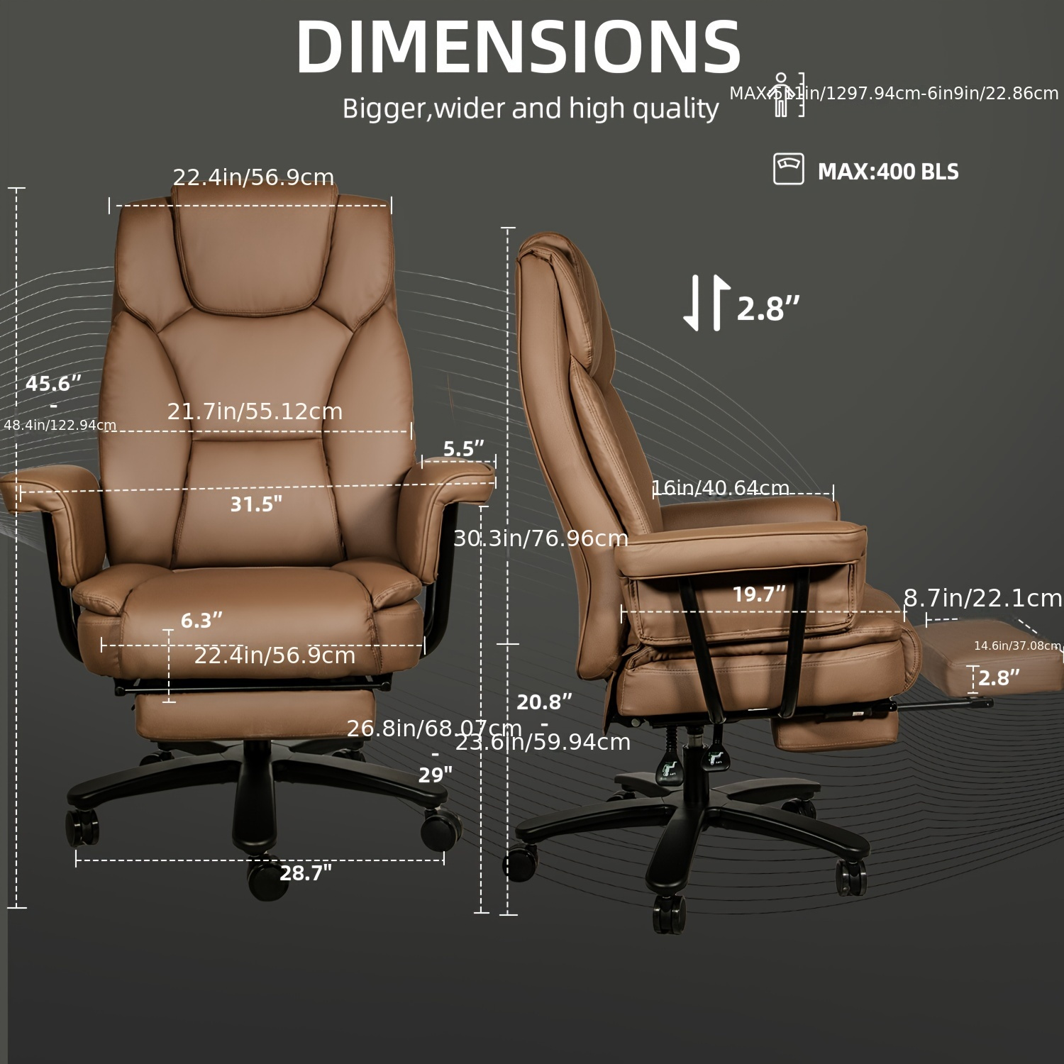 Big & Tall 400 lb Executive Office Chair – Reclining, Footrest, Lumbar Support
